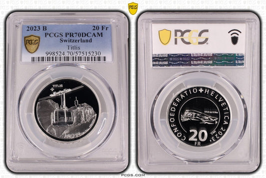 2023 Schweiz Luftseilbahn Titlis 20 Franken Silber PCGS PR70DCAM Aufl. 3.250