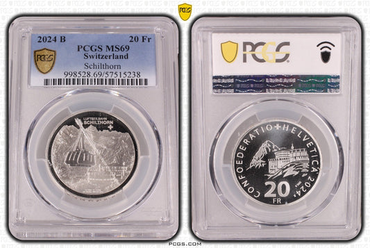 2024 Schweiz Luftseilbahn Schilthorn 20 Franken Silber PCGS MS69 Auflage 5.000
