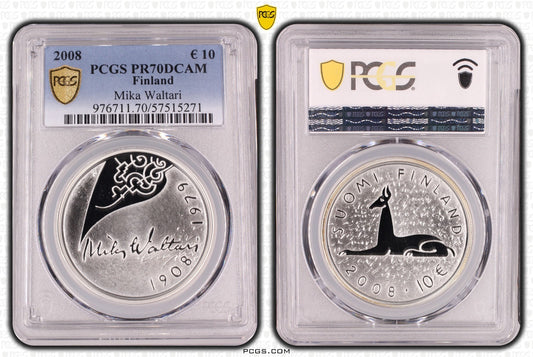 2008 Finnland Mika Waltari 10 Euro Silber 925 PCGS PR70DCAM Proof Auflage 15.000