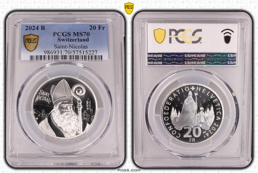 2024 Schweiz St. Nikolaus 20 Franken Silber PCGS MS70 Auflage 7.500