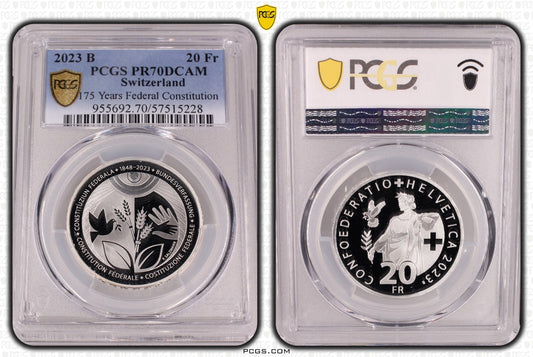 2023 Schweiz 175 J. Bundesverfassung 20 Franken Silber PCGS PR70DCAM Aufl. 4.250