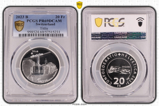 2023 Schweiz Luftseilbahn Titlis 20 Franken Silber PCGS PR69DCAM Aufl. 3.250