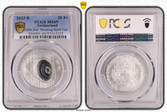 2023 Schweiz 200 Jahre Schiesssportverband 20 Franken Silber PCGS MS69 Auf 15000