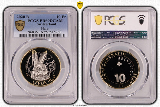 2020 Schweiz Hase Lepus Hare 10 Franken Bimetall PCGSPR69DCAM Auflage 5.500