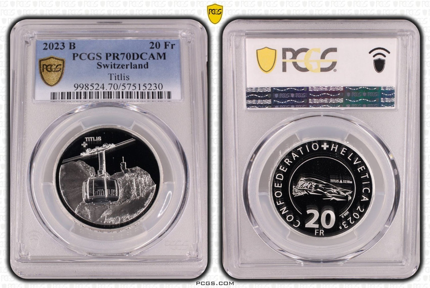 2023 Schweiz Luftseilbahn Titlis 20 Franken Silber PCGS PR70DCAM Aufl. 3.250