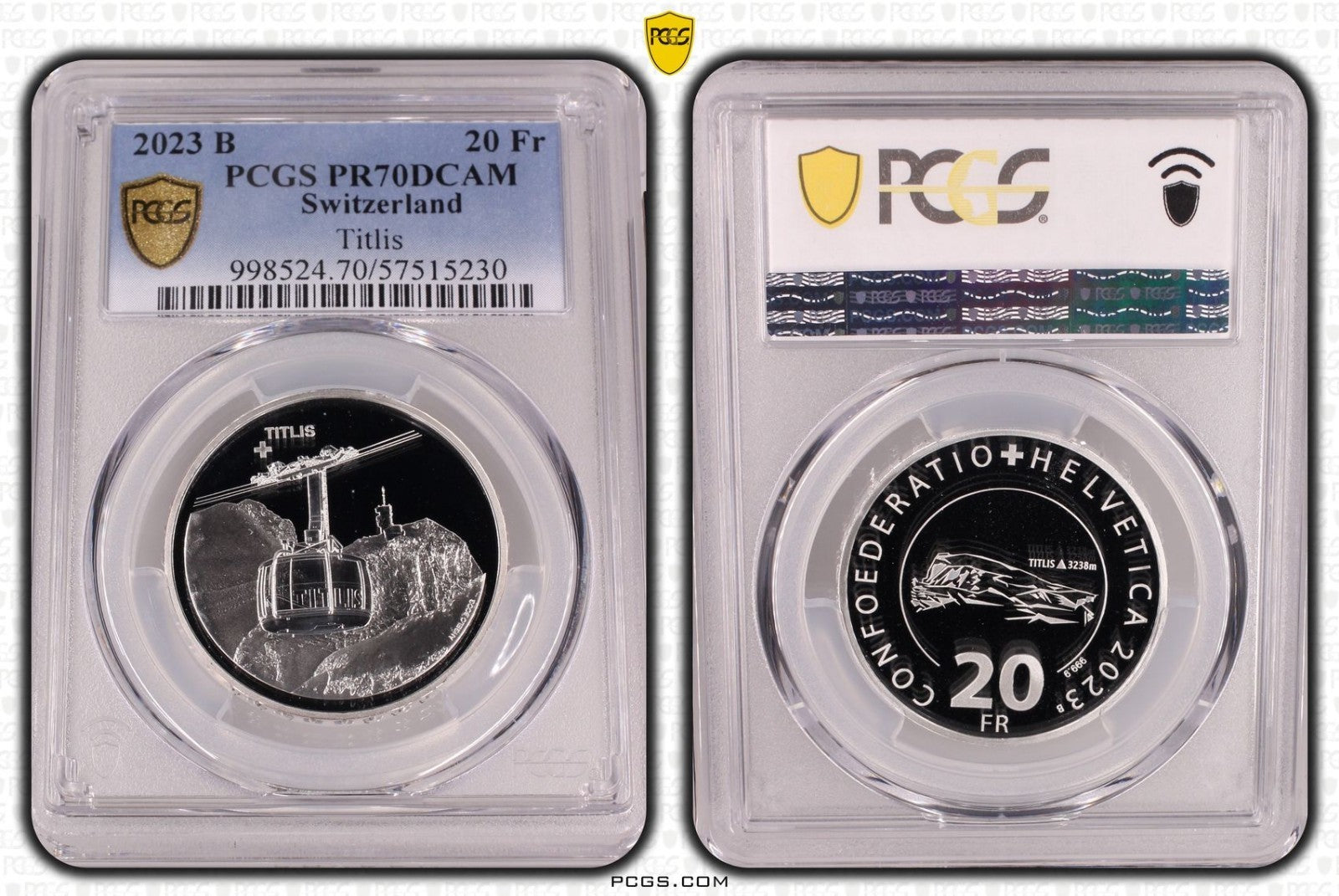 2023 Schweiz Luftseilbahn Titlis 20 Franken Silber PCGS PR70DCAM Aufl. 3.250