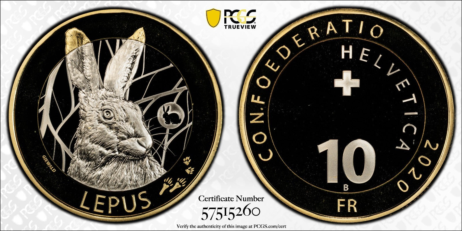 2020 Schweiz Hase Lepus Hare 10 Franken Bimetall PCGSPR69DCAM Auflage 5.500