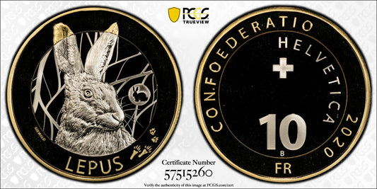 2020 Schweiz Hase Lepus Hare 10 Franken Bimetall PCGSPR69DCAM Auflage 5.500