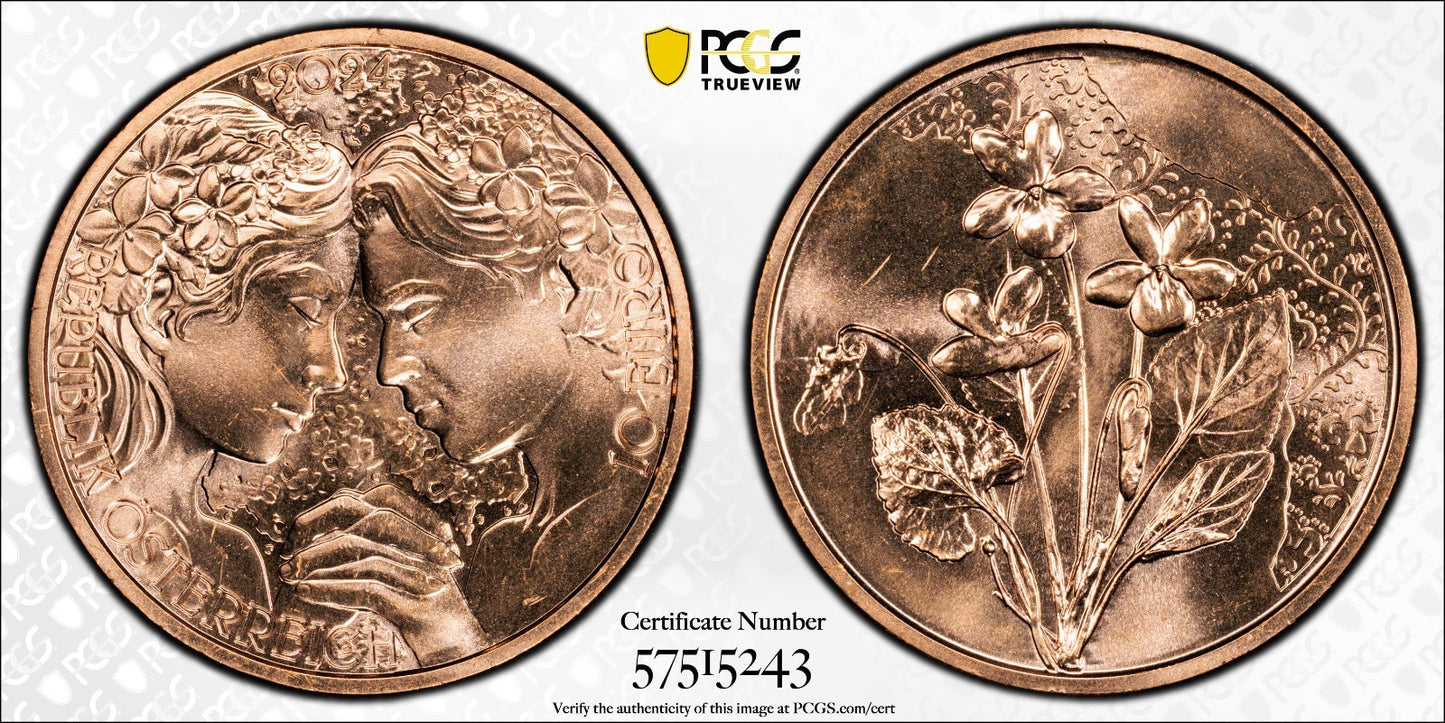 2024 Österreich Veilchen Sprache der Blumen 10 Euro Kupfer PCGS MS68 RD