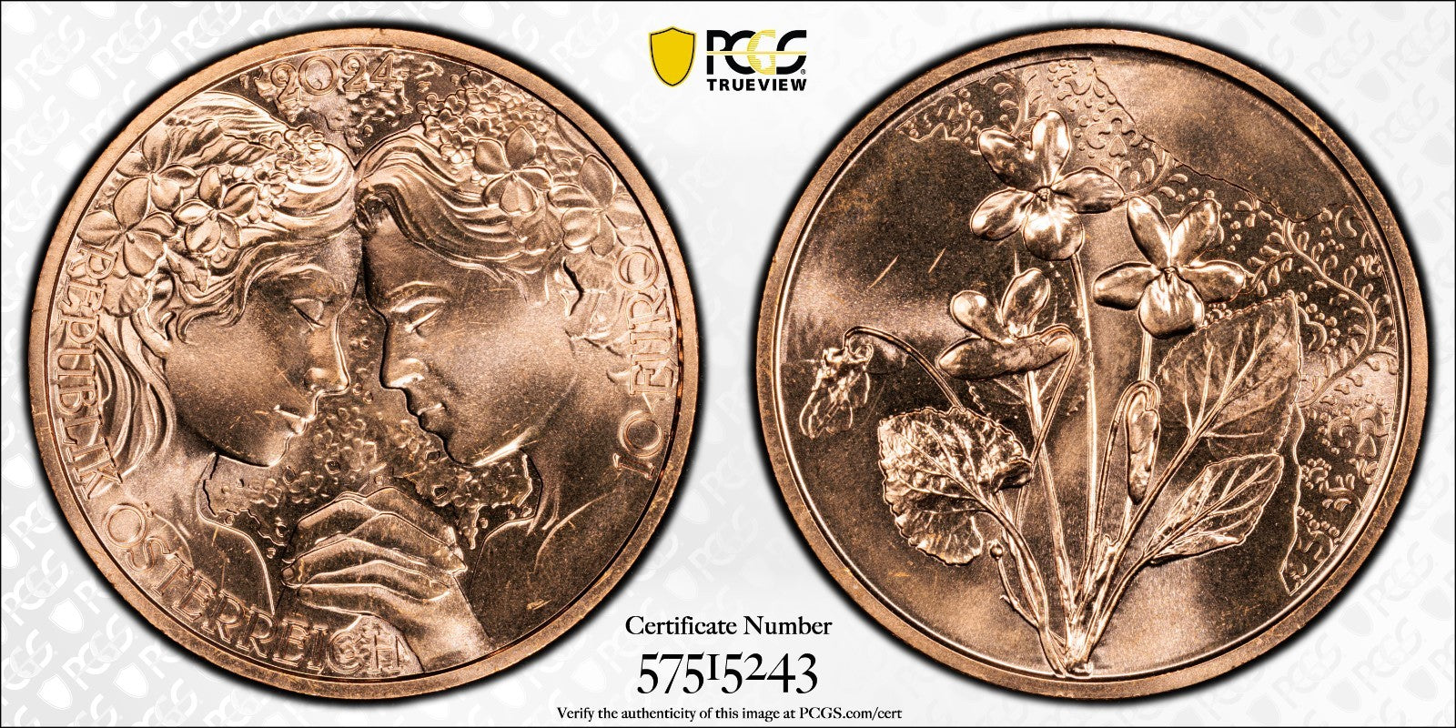 2024 Österreich Veilchen Sprache der Blumen 10 Euro Kupfer PCGS MS68 RD