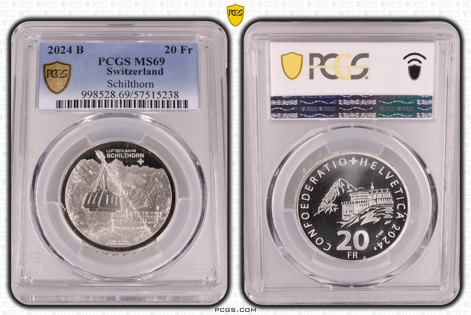 2024 Schweiz Luftseilbahn Schilthorn 20 Franken Silber PCGS MS69 Auflage 5.000