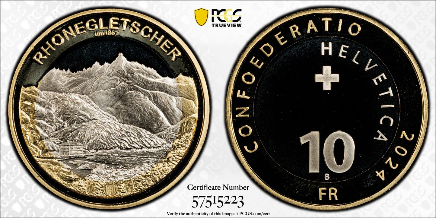 2024 Schweiz Rhone Gletscher 10 Franken Bimetall PCGSPR69DCAM Auflage: 2.500