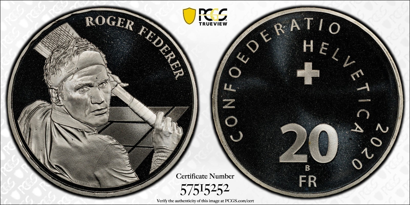 2020 Schweiz Roger Federer 20 Franken Silber PCGS MS69 Auflage 100.000