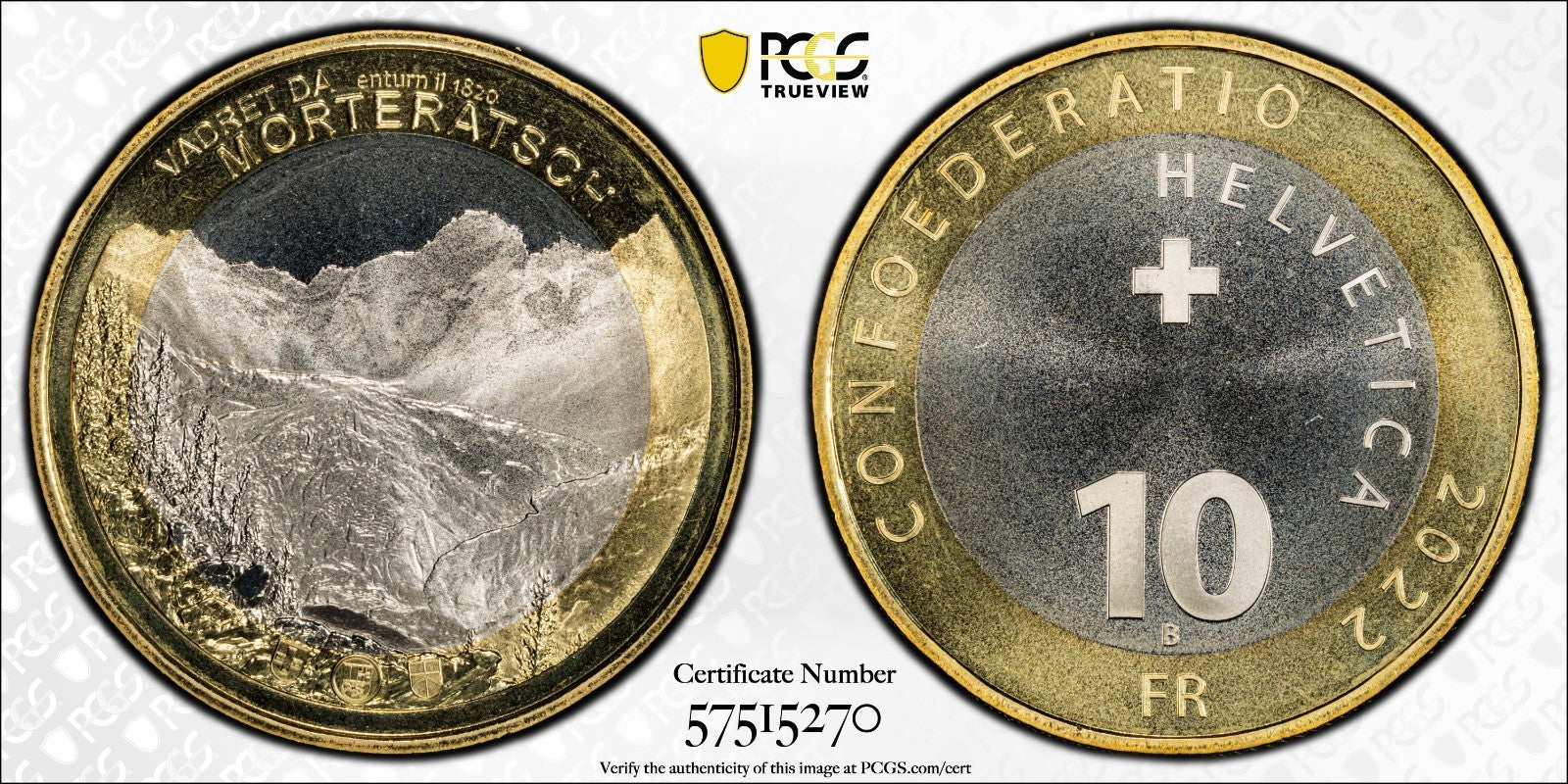 2022 Schweiz Morteratsch Gletscher 10 Franken Bimetall PCGS MS 68 Auflage 15.800
