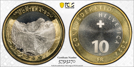 2022 Schweiz Morteratsch Gletscher 10 Franken Bimetall PCGS MS 68 Auflage 15.800