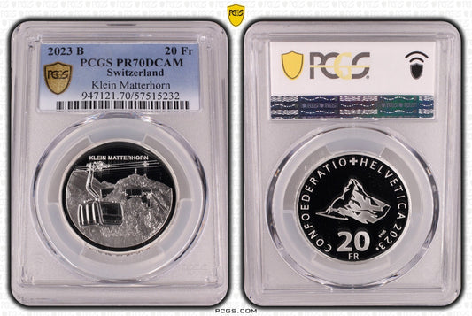 2023 Schweiz Luftseilbahn Klein Matterhorn 20 Franken Silber PCGS PR70DCAM