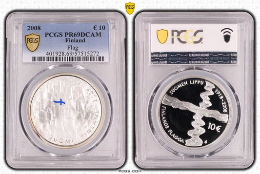 2008 Finnland Flagge 10 Euro Silber 925er PCGS PR69DCAM Proof Auflage 26.000