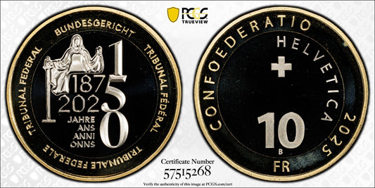 2025 Schweiz 150 Jahre Bundesgericht 10 Franken Bimetall PCGSPR69DCAM Auf. 2.000