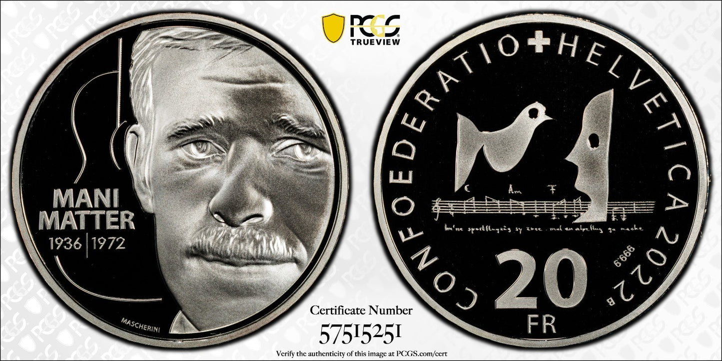 2022 Schweiz Mani Matter 20 Franken Silber PCGS PR69DCAM Proof Auflage 3.300