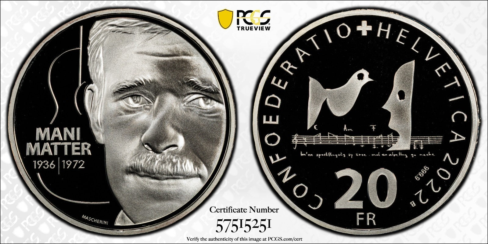 2022 Schweiz Mani Matter 20 Franken Silber PCGS PR69DCAM Proof Auflage 3.300