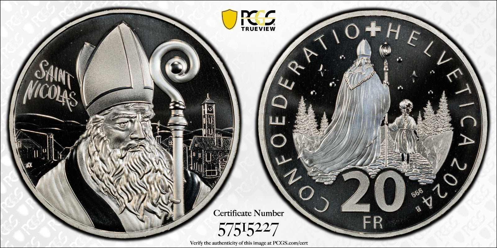 2024 Schweiz St. Nikolaus 20 Franken Silber PCGS MS70 Auflage 7.500