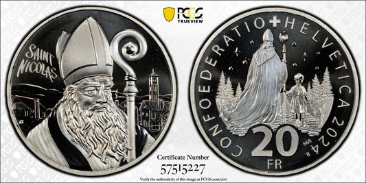 2024 Schweiz St. Nikolaus 20 Franken Silber PCGS MS70 Auflage 7.500