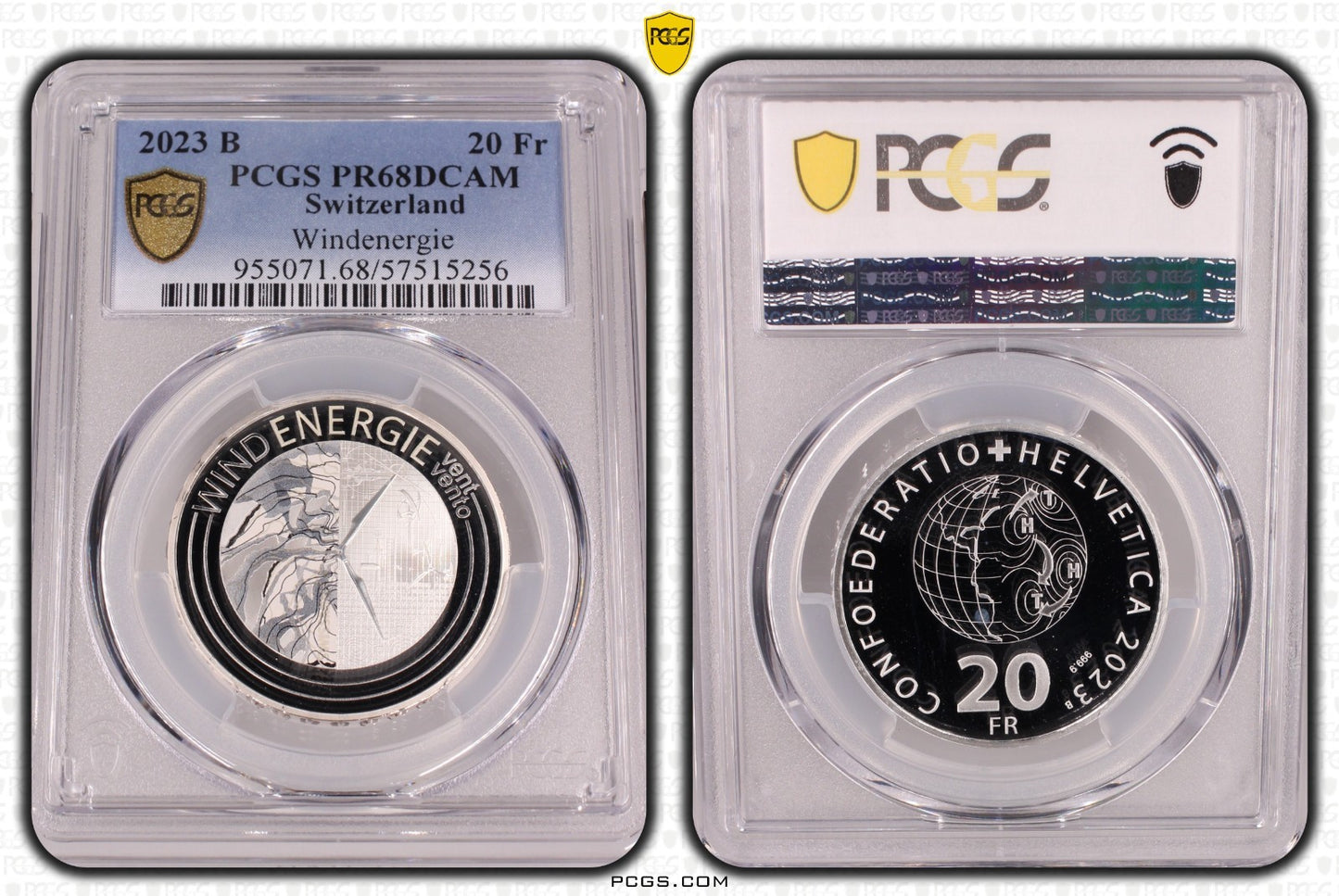 2023 Schweiz Windenergie 20 Franken Silber PCGS PR68DCAM Proof Aufl. 10.000