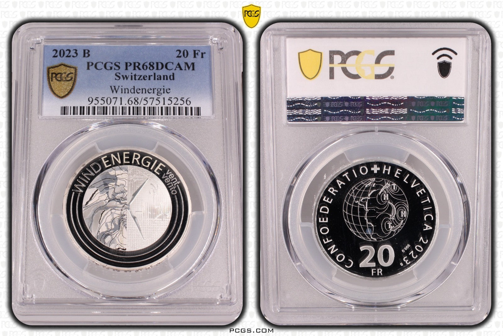2023 Schweiz Windenergie 20 Franken Silber PCGS PR68DCAM Proof Aufl. 10.000