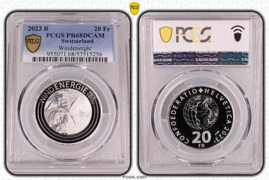 2023 Schweiz Windenergie 20 Franken Silber PCGS PR68DCAM Proof Aufl. 10.000