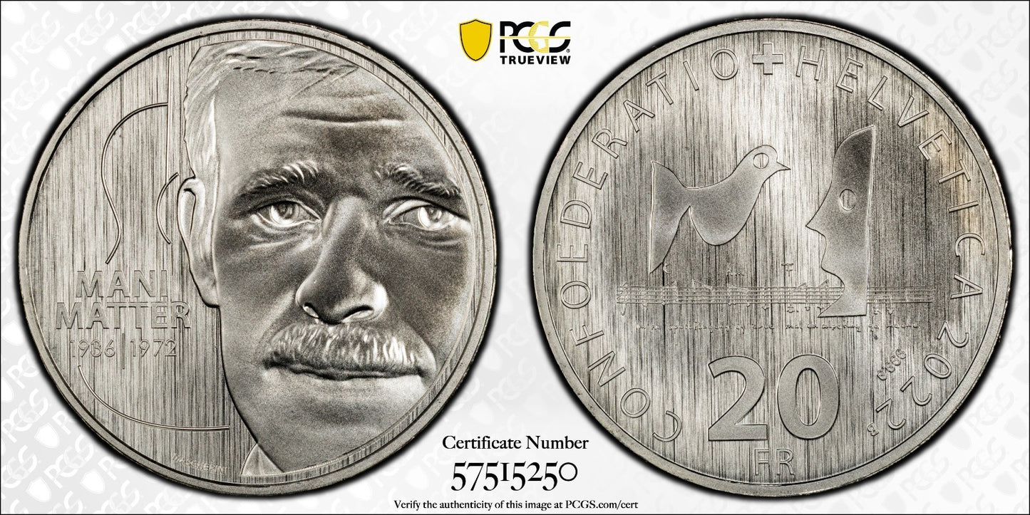 2022 Schweiz Mani Matter 1936-1972 20 Franken Silber PCGS MS70 Auflage 11.000