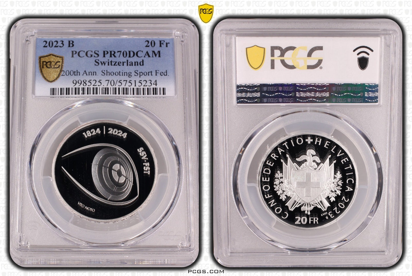 2023 Schweiz 200 Jahre Schiesssportverband 20 Franken Silber PCGS PR70DCAM