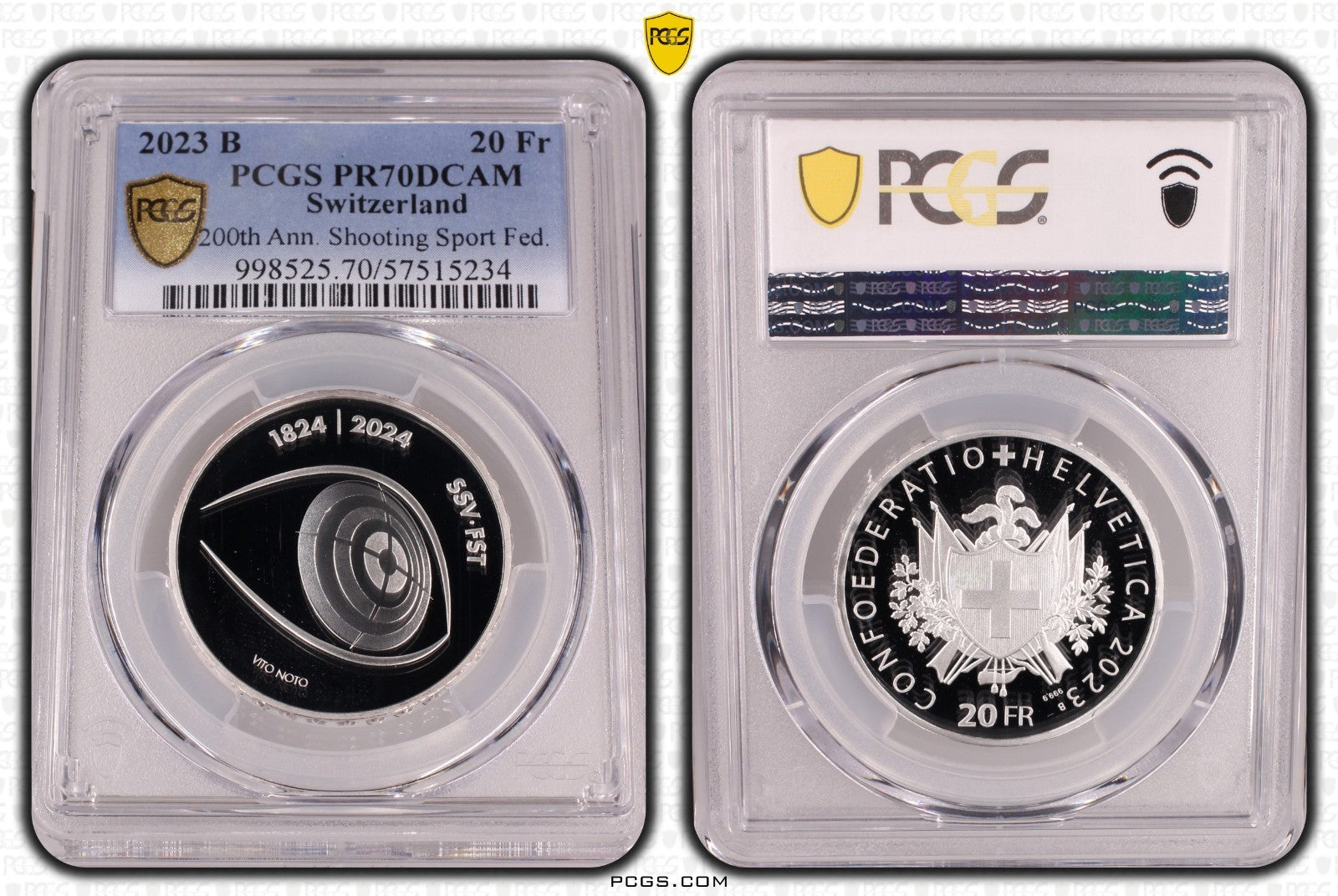 2023 Schweiz 200 Jahre Schiesssportverband 20 Franken Silber PCGS PR70DCAM