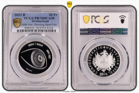 2023 Schweiz 200 Jahre Schiesssportverband 20 Franken Silber PCGS PR70DCAM