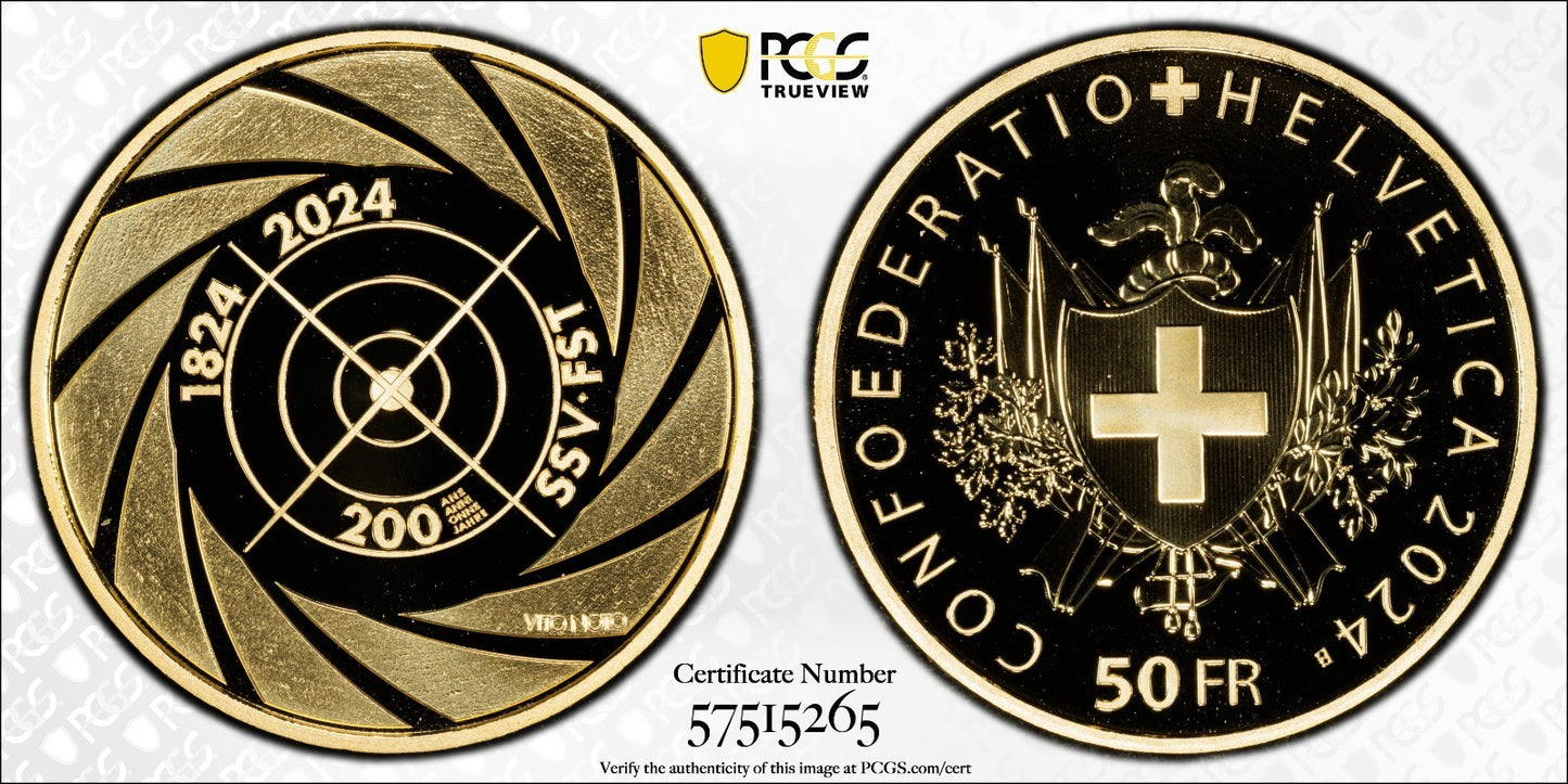 2024 Schweiz 50 Franken 200 Jahre  Schiesssportverband Gold 0.900 PCGS 70 Proof