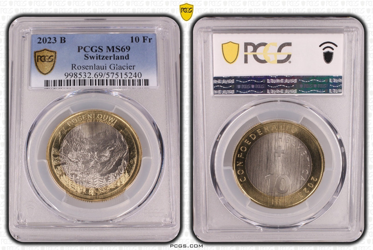 2023 Schweiz Rosenlaui Gletscher 10 Franken Bimetall PCGS MS69 Auflage 10.000