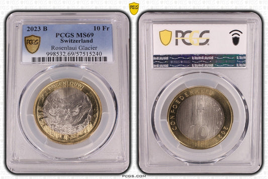 2023 Schweiz Rosenlaui Gletscher 10 Franken Bimetall PCGS MS69 Auflage 10.000