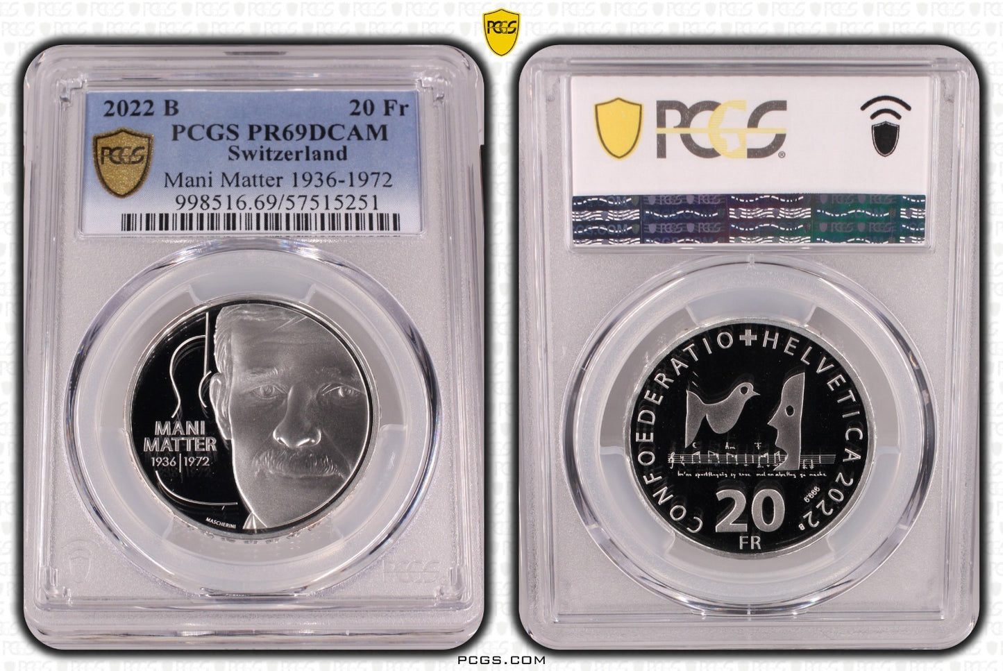 2022 Schweiz Mani Matter 20 Franken Silber PCGS PR69DCAM Proof Auflage 3.300