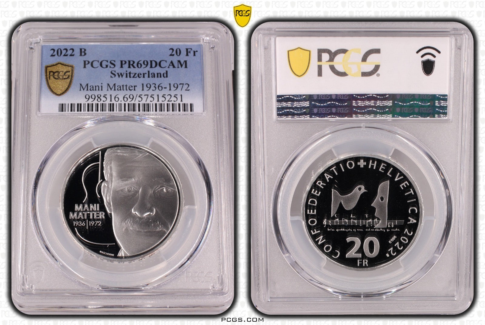 2022 Schweiz Mani Matter 20 Franken Silber PCGS PR69DCAM Proof Auflage 3.300