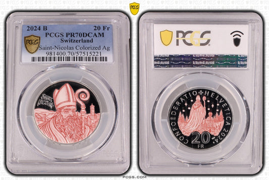 2024 Schweiz St. Nikolaus - 20 Franken Silber PCGS PR70DCAM Proof Aufl. 6.000