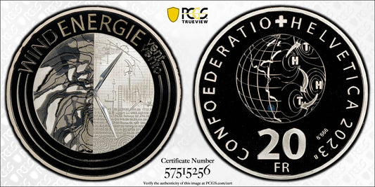 2023 Schweiz Windenergie 20 Franken Silber PCGS PR68DCAM Proof Aufl. 10.000
