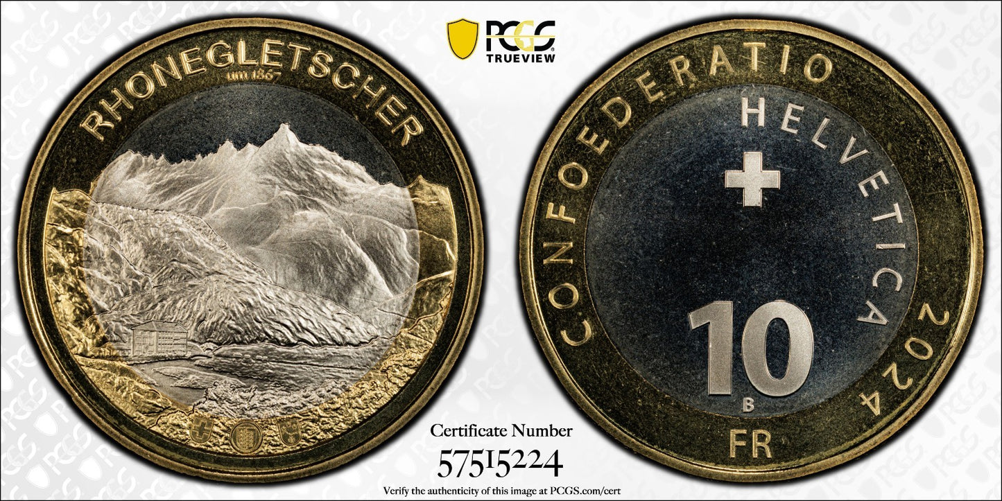 2024 Schweiz Rhone Gletscher 10 Franken Bimetall PCGS MS 68 Auflage 5.000