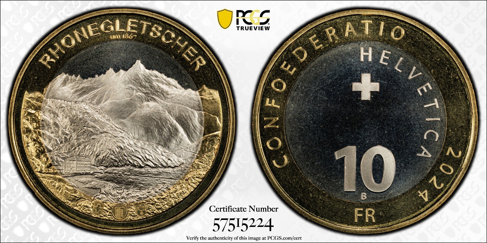 2024 Schweiz Rhone Gletscher 10 Franken Bimetall PCGS MS 68 Auflage 5.000