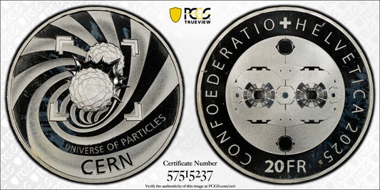 2025 Schweiz CERN 20 Franken Silber PCGS MS67 Auflage 7.500