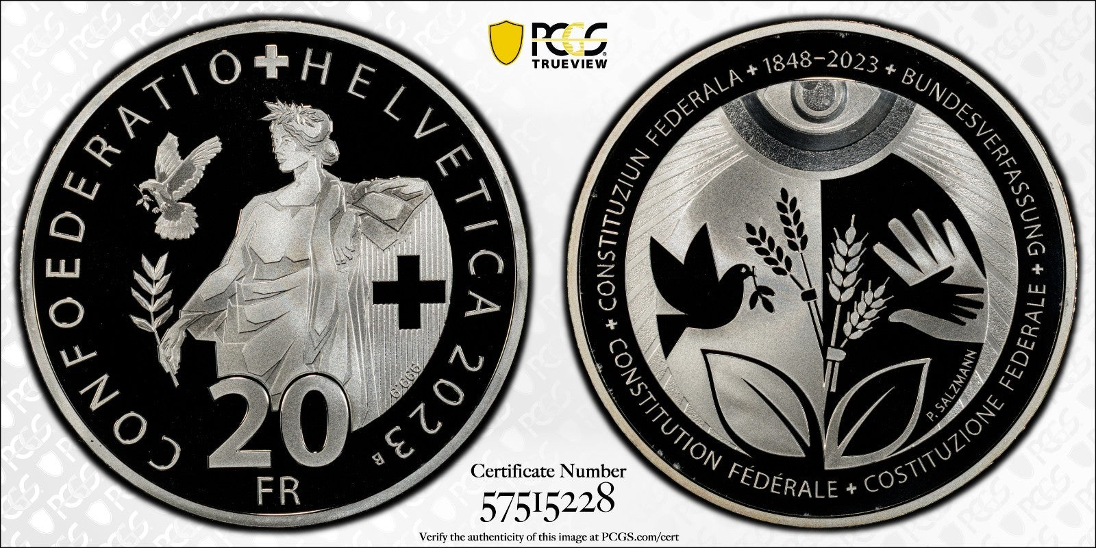 2023 Schweiz 175 J. Bundesverfassung 20 Franken Silber PCGS PR70DCAM Aufl. 4.250