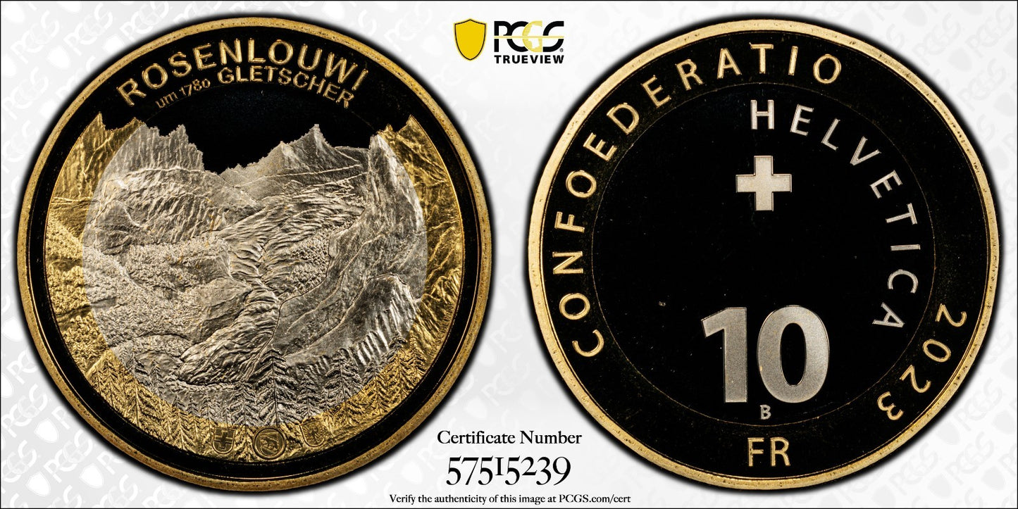 2023 Schweiz Rosenlaui Gletscher 10 Franken Bimetall PCGSPR69DCAM Auflage: 2.750