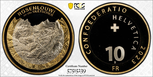 2023 Schweiz Rosenlaui Gletscher 10 Franken Bimetall PCGSPR69DCAM Auflage: 2.750
