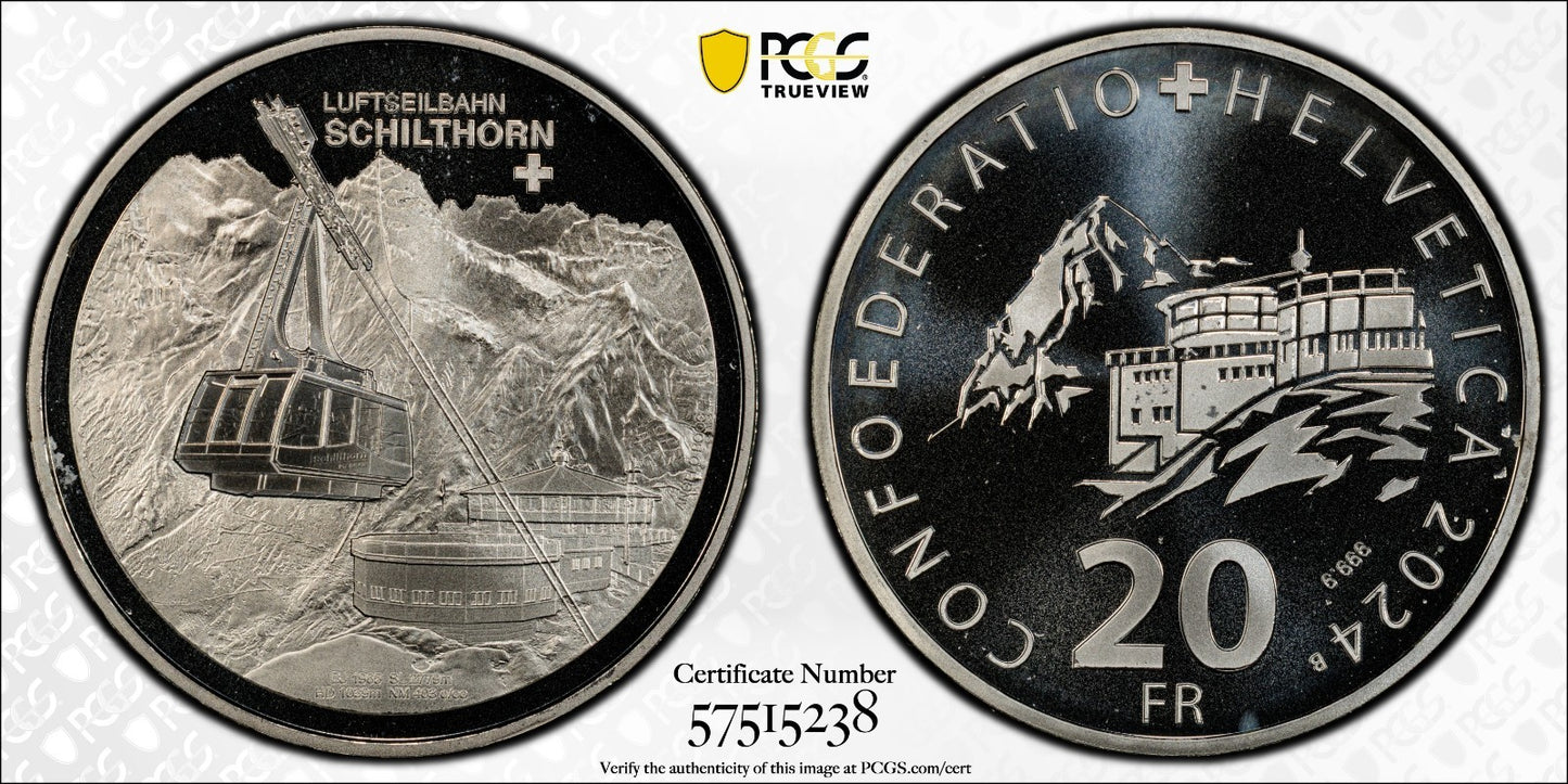 2024 Schweiz Luftseilbahn Schilthorn 20 Franken Silber PCGS MS69 Auflage 5.000