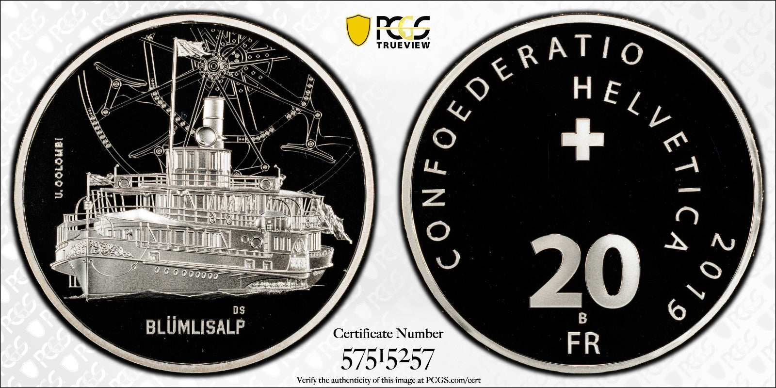 2019 Schweiz Blümlisalp Dampfschiff 20 Franken Silber PCGS PR69DCAM Proof