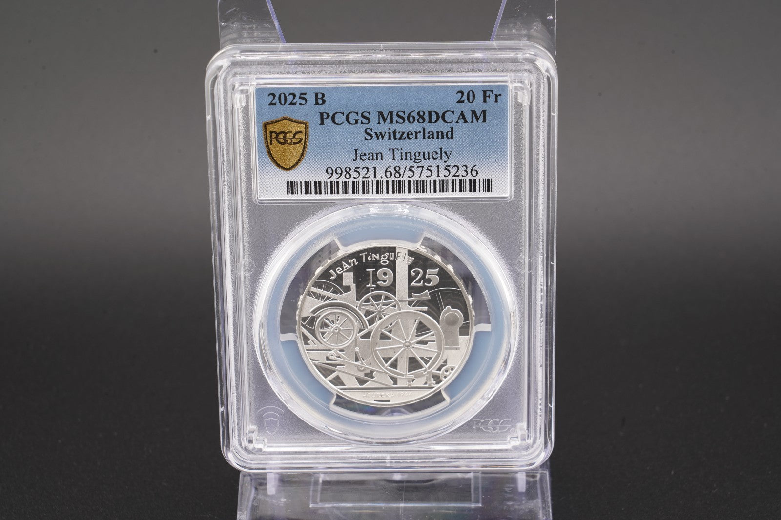 2025 Schweiz Jean Tinguely 20 Franken Silber PCGS MS68DCAM Auflage 7.500