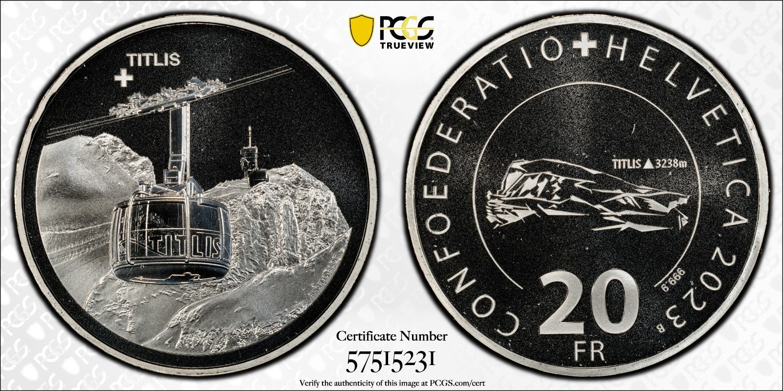 2023 Schweiz Luftseilbahn Titlis 20 Franken Silber PCGS PR69DCAM Aufl. 3.250